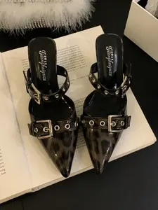 2025 New Arrival Pointed Toe Mule Slides For Women, Leopard Print High Heels, Fashion Spring/Summer Slip-On Sandals With Double Buckle