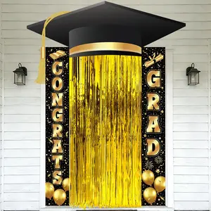 2026 Graduation Decorations Class of 2026 Congrats Grad Porch Sign Banners Black Gold Graduation Party Supplies with Gold Foil Fringe Curtain Door Decor Set for Indoor Outdoor Wall Decor Photo Booths