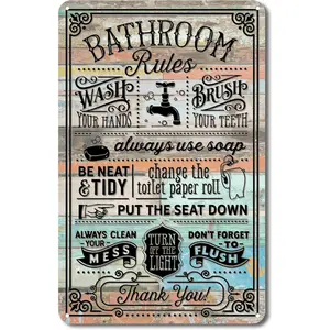 Funny Bathroom Rules Sign Wall Decor - Farmhouse Bathroom Quote Metal Tin Sign for Toilet Restroom Washroom Home Decor Gifts, 8 x 12 Inch Qy-38