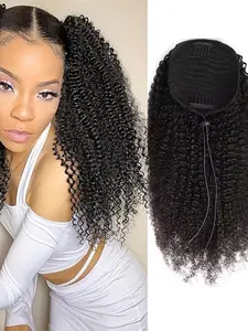 Human Hair Clips In Drawstring Ponytail Long Kinky Curly Drawstring Ponytail For Women 8-24 Inch Black Kinky Curly Ponytail Hair
