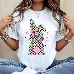🌸[Graphic Tee]"Cotton Casual Round Neck Short Sleeve Easter Bunny Checkered T-Shirt for Women – Cute Graphic Tee, Comfortable Summer Top, Spring Holiday Outfit, Machine Washable, Do Not Dry Clean, Made in USA"