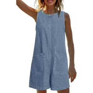 Womens Summer Denim Romper - Casual Sleeveless Denim Jumpsuit Outfits Overall Shorts Jean Romper with Pockets