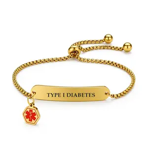 Gold Tone Medical Alert Bracelet, Adjustable Sliding Chain with Engraved Bar and Star of Life Charm, Safety Accessory for Everyday Wear