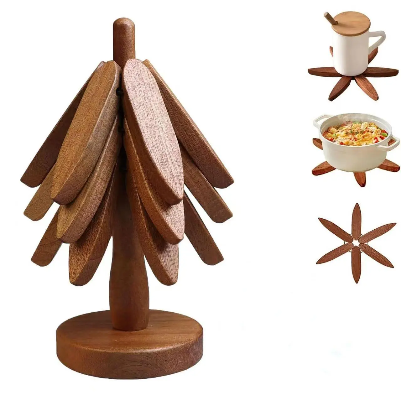 Wooden Foldable Trivet Set - 4 Trivets & 1 Stand, 7.8 Inches Kitchen Tableware Coasters for Hot Dishes, Home Organizer with Tree Decor for Birthday Ideas
