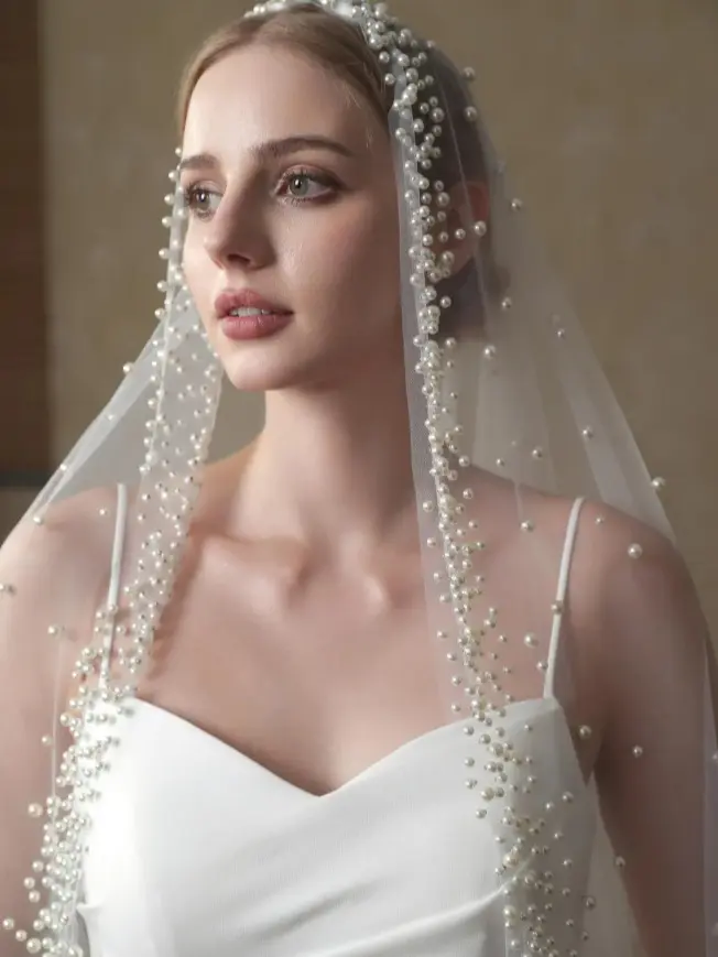 Pearls Edge Bridal Veil, Wedding Veil with Scattered Pearls, Mantilla Veil Long with comb, Custom Veil Luxurious, Ivory Bridal Veil Chapel Wedding Bridal Veil White Short Bride Veils Pearl Bridal Veils | Bachelorette Party Veil,Bridal Showe