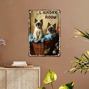 2D Flat, 1pc 12x8 Inch Retro Bohemian Iron Metal Sign - Cute Siamese Cats in Ebony Basket Laundry Room Wall Art, Distressed Vintage Design, Easy-to-Hang Home Decor for Craft Room, Kitchen & Holiday Decoration, 2D Flat