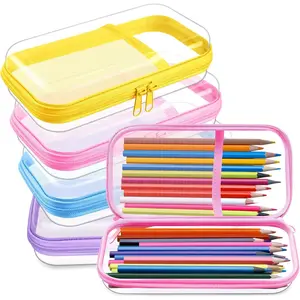 4 Pcs Clear Hard Sided Zipper Pencil Case Pouches Bulk Plastic Hard Shell Pencil Case Box Organizer with Mesh Pocket Toiletry Pouch Makeup Bag, Back to School Supplies(Macaron)