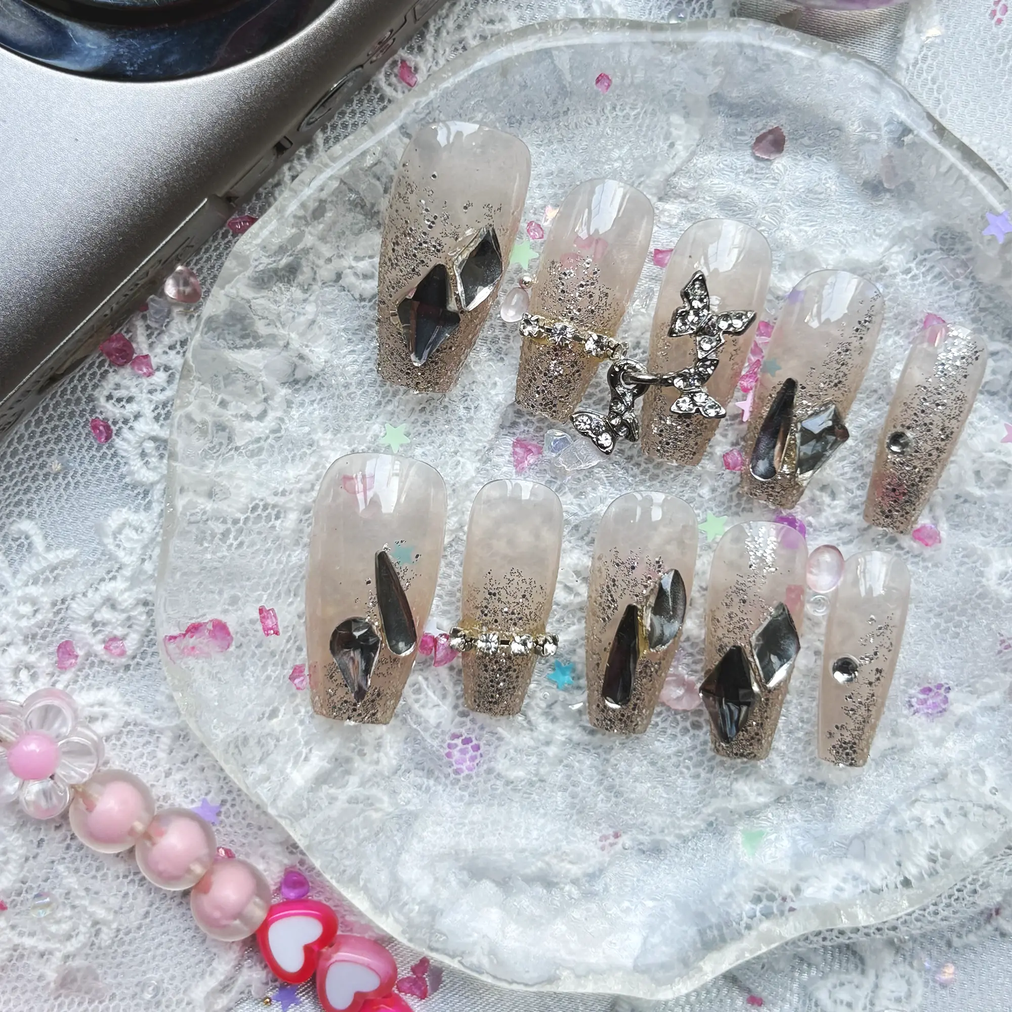 Personalized Silver Glitter Press On Nails | Rhinestone & Chrome Accents | Glam Luxe | Party Nail Trend 2025 | Long Coffin Shape