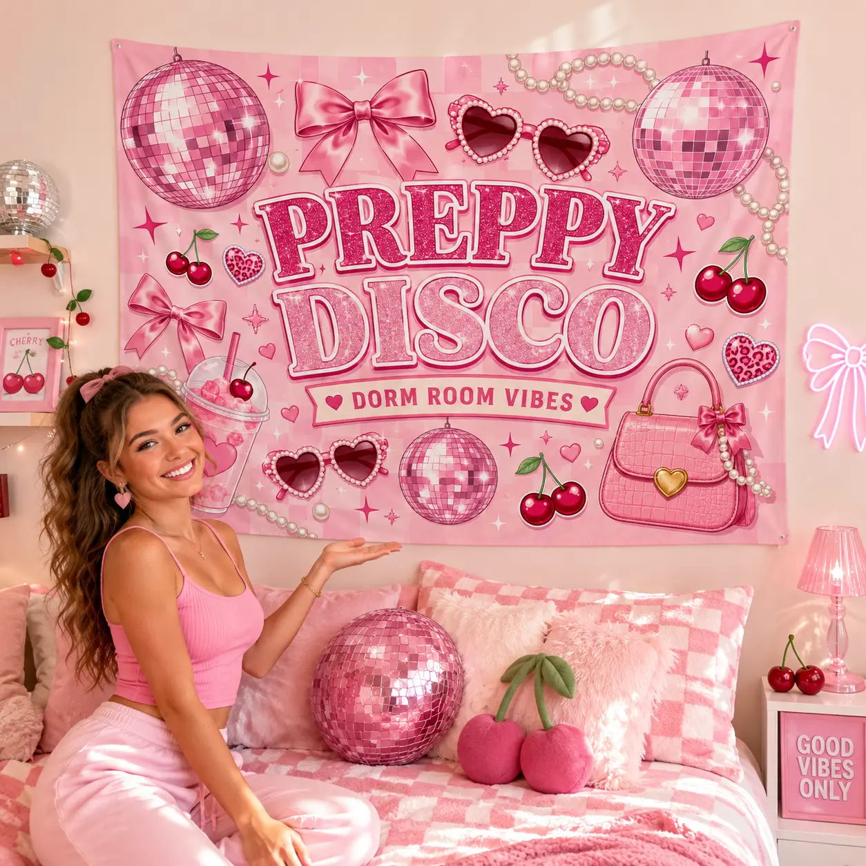 Pink Disco Party Tapestry Wall Hanging, Preppy Disco Ball Room Decor, Birthday Party Backdrop, Western Disco Bachelorette Banner for Girls Bedroom Dorm Photo Booth Decorations