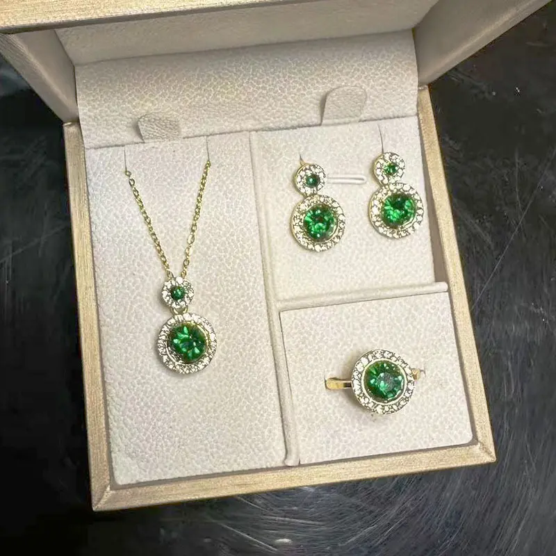 3-Piece Matching Jewelry Set for Women, Vintage-Style Round Emerald Gemstone Necklace, Earrings, and Ring