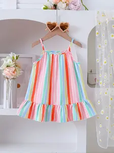 [Single item] Girl's dress, girl's clothing, cute summer camisole dress for baby girls, rainbow striped dress, princess lace hem, exquisite little princess style camisole dress, baby girl's birthday gift, Valentine's Day gift, baby girl's outing outfit