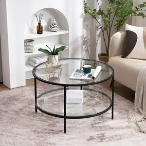 VINGLI Glass Coffee Table,30" Round Coffee Table Black Coffee Tables for Living Room, 2-Tier Clear Glass Top Side Table with Storage. Simple & Modern Center Table Mesa de Centro para Sala