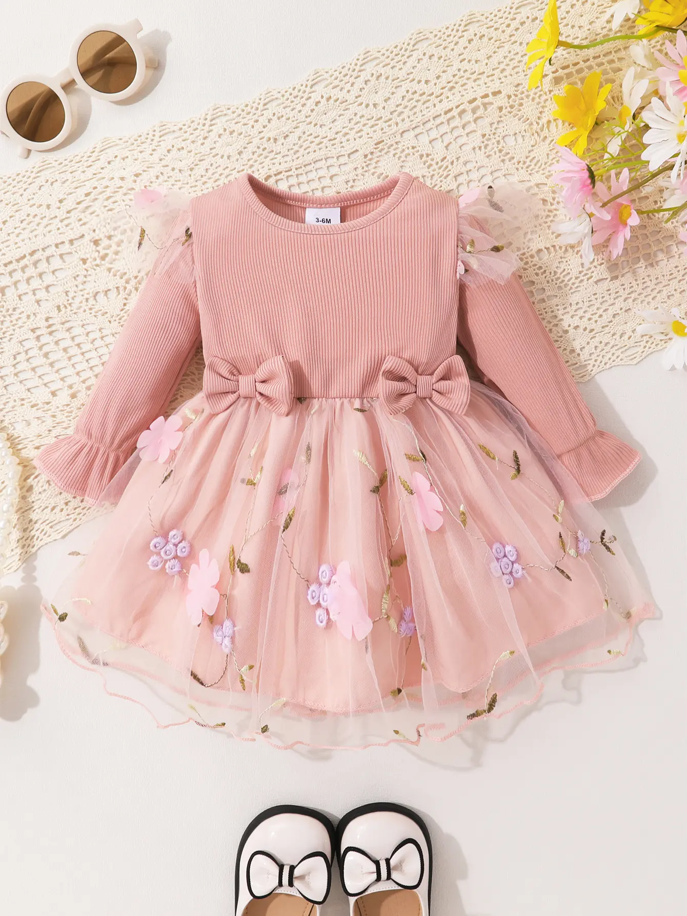 Toddler Girl's Elegant Princess Dress - Breathable Mesh, Ruffle Flutter Sleeves, Bow Accent - Special Occasion Baby Clothing, Toddler Dresses