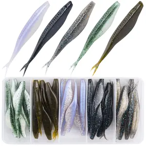 Bombrooster Soft Plastic Fishing Lures, 4in/5in Salty Split Tail Jerk Shad Minnows for Bass Fishing, Swimming Jerk Baits, 30 Pcs with Tackle Box