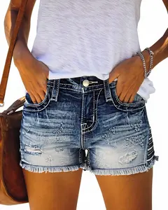 Womens Mid-High Rise Ripped Jean Shorts Distressed Stretchy Denim Shorts for Casual Everyday Wear with Trendy Ripped Design and Comfortable Stretchy Fabric