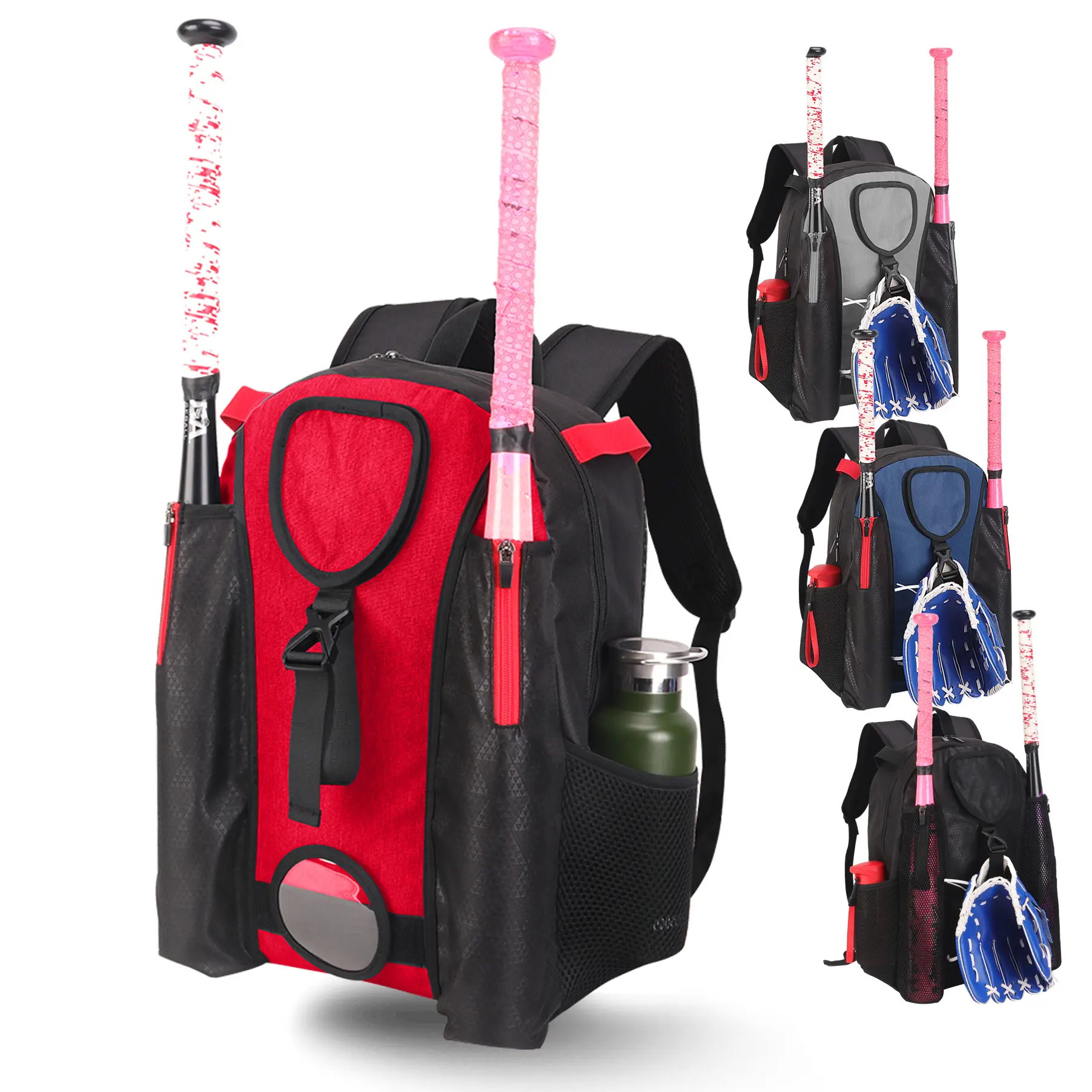 Polyester Unisex Baseball Backpack with 4 Bat Holders, Adjustable Straps, Separate Cleats Compartment, Multiple Pockets, Water Bottle Pocket, Large Capacity for Youth Game Day, Lightweight Sports Tball Bag (Multiple Colors)