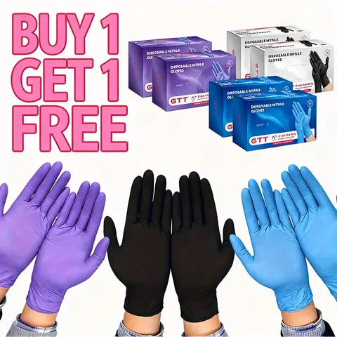 [BUY 1 GET 1 FREE] Total 200Pcs Heavy-Duty Nitrile Gloves — Black / Violet / Blue, 5Mil Thickness Disposable Gloves, Powder Free, Latex-Free, Chemical Resistant, Flexible & Form-Fitting; Suitable for Industrial, Automotive, Cooking, Cleaning, Pet Grooming