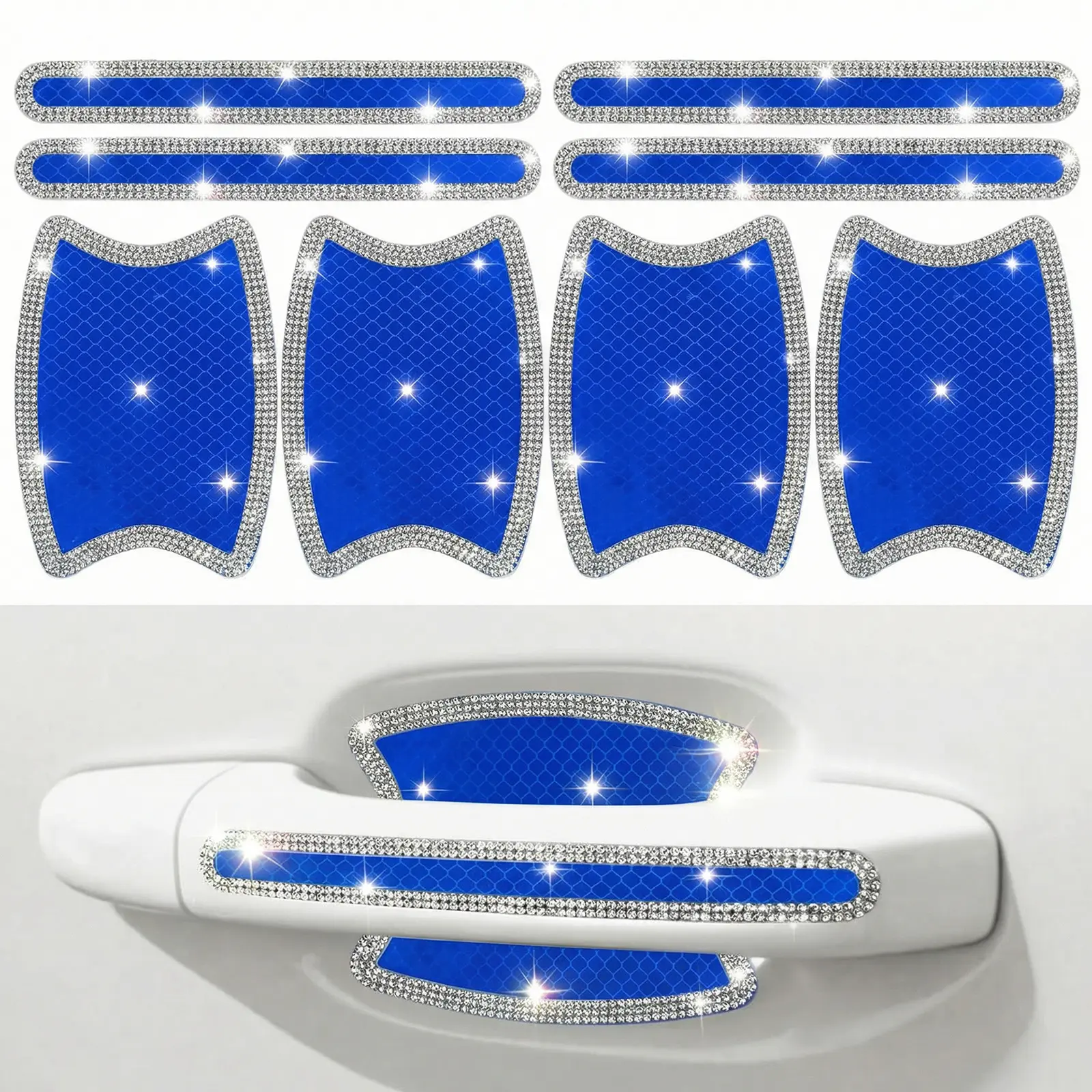 8 PCS Pink Bling Rhinestone Car Door Handle Stickers, Sparkly Crystal Horizontal Strip Stickers for Women, Universal Glitter Car Accessories, Scratch Protection Decals