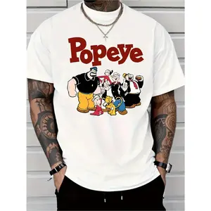 Men'S Casual Cotton T-Shirt, Crew Neck, Slight Stretch, Regular Fit, with Popeye and Family Graphic, for All-Season Knit Fabric Top