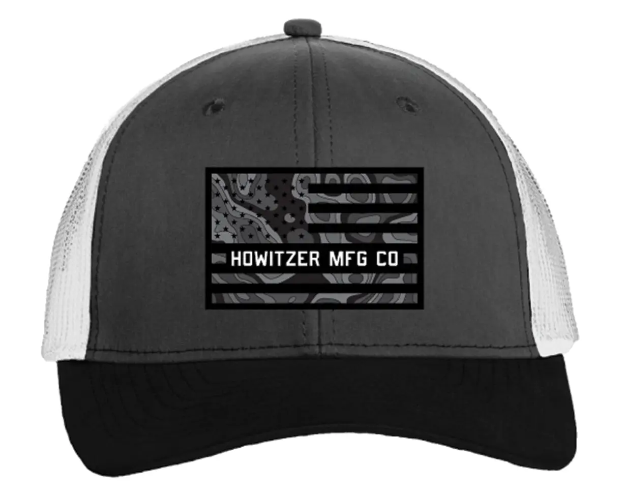 Howitzer Men's Topo Flag Trucker Hat, 6-Panel Mid-Profile Polyester Cap with Mesh Back and Adjustable Snapback, Classic Snapback