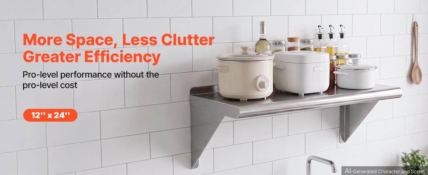 VEVOR Stainless Steel Shelf 12" x 24" Commercial Wall Mount Floating Shelf, Heavy-Duty Storage Rack with Brackets, 250LBS Strong Capacity, Easy to Clean, Suitable for Restaurant, Home Kitchen, Garage VEVOR Stainless Steel Shelf 12" x 24" Commercial Wall Mount Floating Shelf, Heavy-Duty Storage Rack with Brackets, 250LBS Strong Capacity, Easy to Clean, Suitable for Restaurant, Home Kitchen, Garage