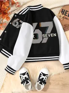 Boys' Spring & Fall Cartoon Print Baseball Jacket, Letter Patched Jacket, Comfortable Casual Sports Outerwear, Micro-Elastic Fabric, Perfect Gift for Christmas