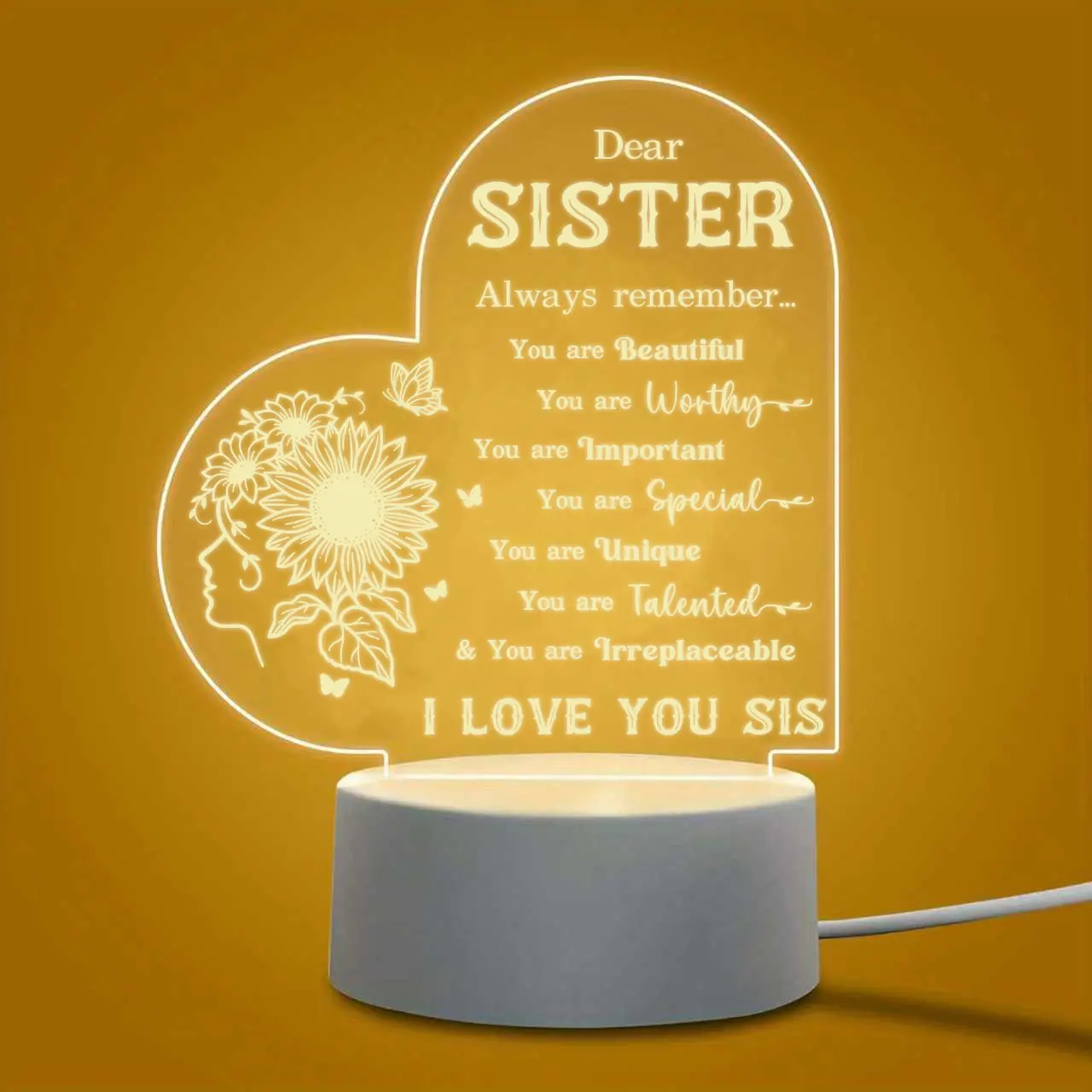Dear Sister Sunflower Acrylic Night Light, Inspirational Quote LED Lamp, Gifts for Sister from Sister Brother, Birthday Christmas Graduation Mothers Day Gifts for Women, Engraved Heart-Shaped Night Light for Bedroom Decor
