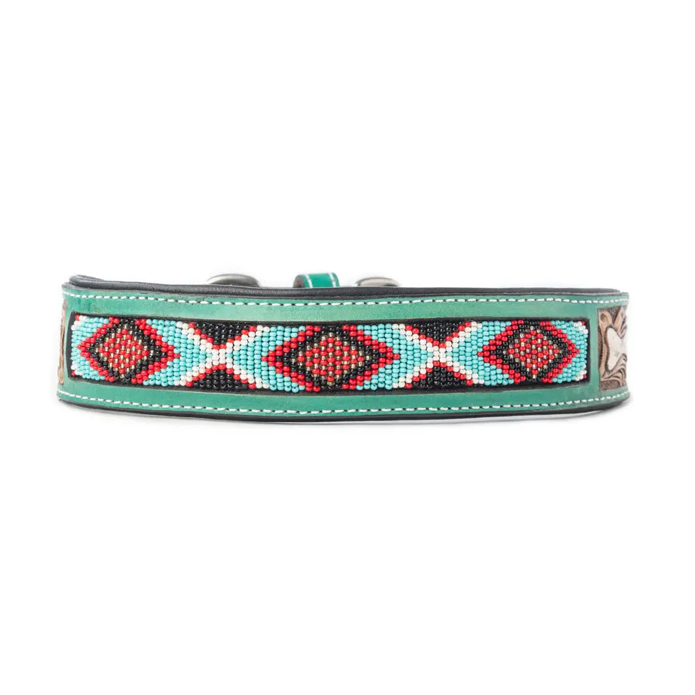 Santa Fe Tribal Western Leather Dog Collar - Adjustable, Authentic Southwestern Beadwork, Beaded Trim, Brown