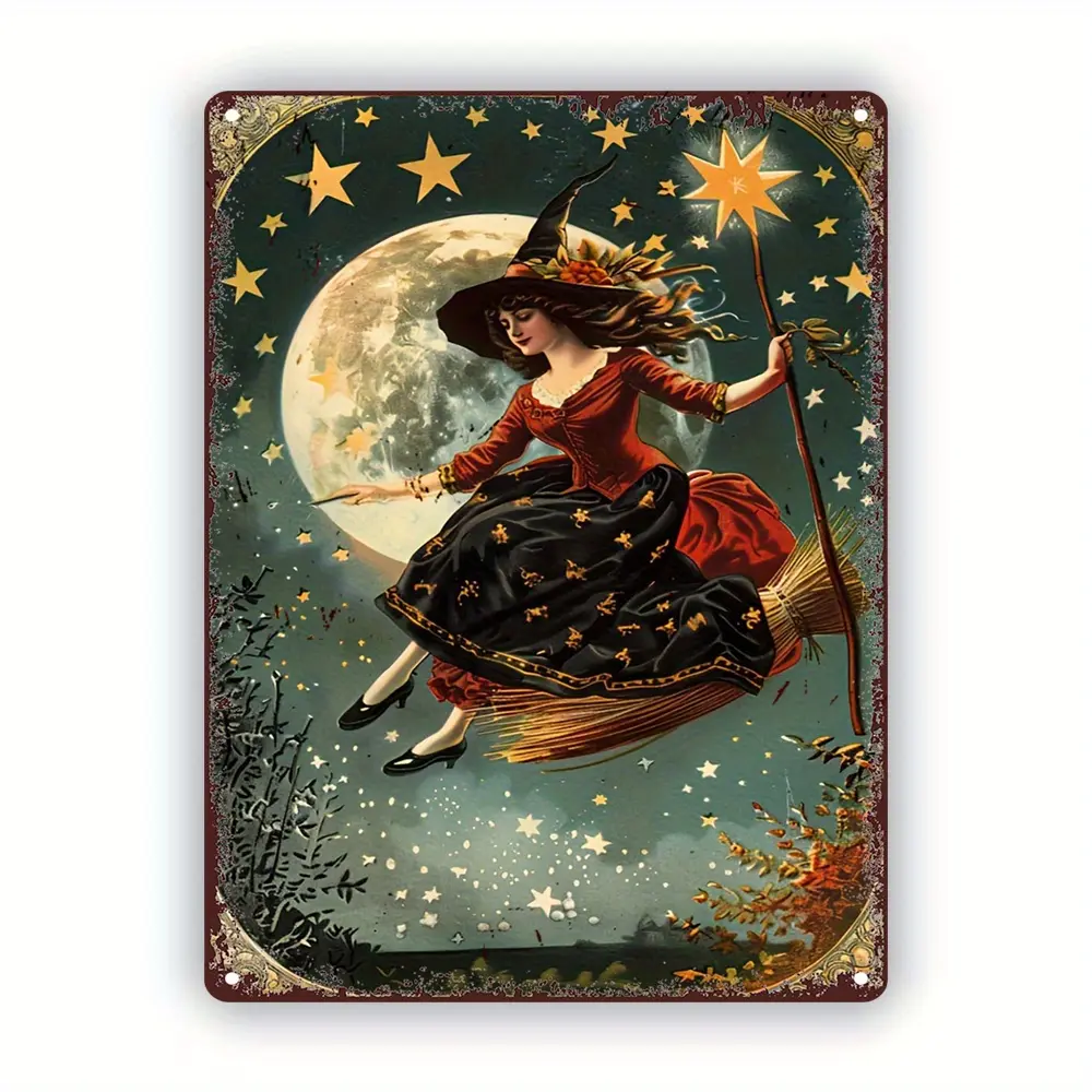 Enchanted Night Witch on Broom - Vintage Metal Wall Art, 8x12 Inches, Starry Sky & Full Moon Design, Decorative Tin Sign for Home and Office