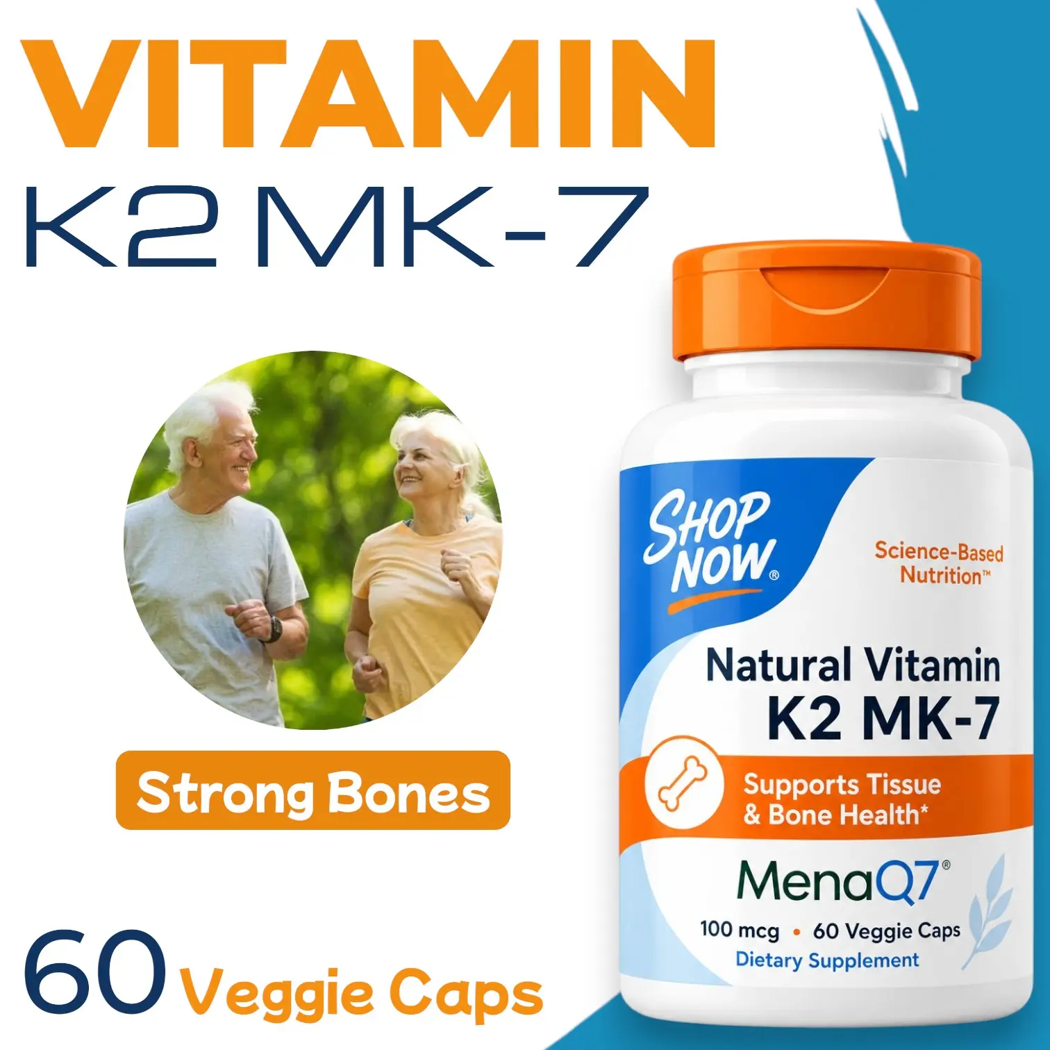 Vitamin K2 MK7 100 mcg - 60 Veg Capsules for Bone Health & Calcium Support
