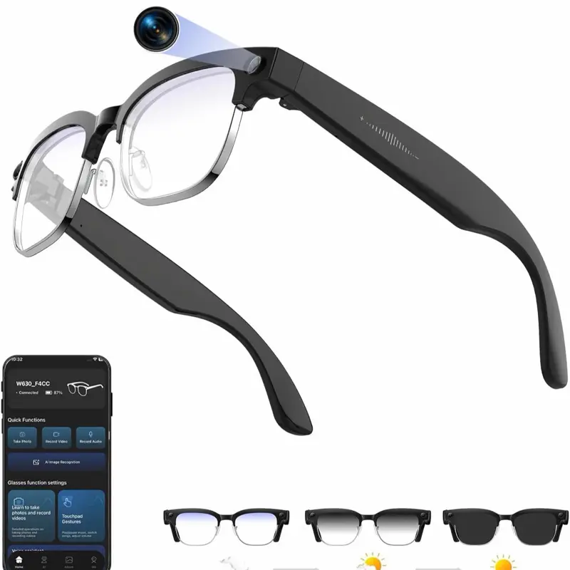 AI Smart Glasses with Camera, 8MP Anti-Shake Bluetooth Camera Glasses 1080P Video Recording Dual Mic Noise Reduction, Real Time Translation&Simultaneous Interpretation, 290mAh Capacity(W630)