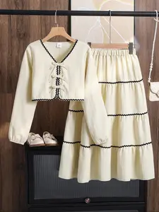 Toddler Girl's Bow Embroidery Long Sleeve Sweater & Elastic Waist Skirt Two-Piece Set, Casual Fashion Cozy Two Piece Outfits for Daily Outdoor Wear, Toddler Girls Clothing for Spring Fall