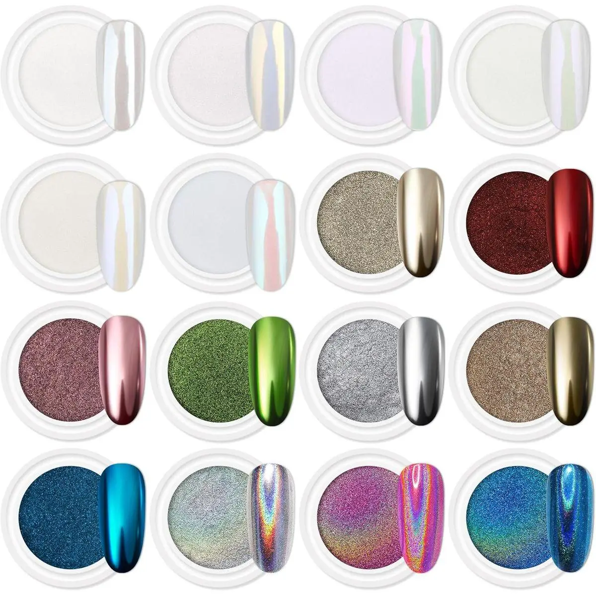 16Jars Chrome Nail Powder Magic White Pearl Kit Mirror Effect Silver Metallic Holographic Dip Nail Powder for Resin Craft & Nail Art Fimo, Decoration Iridescent Aurora Mermaid Pigment