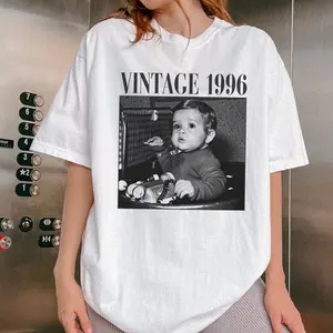 Vintage 1996 Custom Baby Photo T-Shirt, Personalized Birth Year Graphic Tee, Retro 90s Style Photo Shirt, Aesthetic 30th Birthday Gift, Nostalgic Custom Picture Top, Classic Monochrome Portrait Shirt