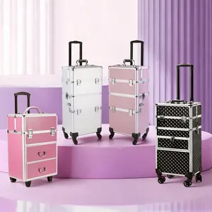 Ubesgoo 4 in 1 Aluminum Cosmetic Makeup Case Professional Makeup Trolley Box with Handle & Casters, Portable Tattoo Organizer for Beauty Tools