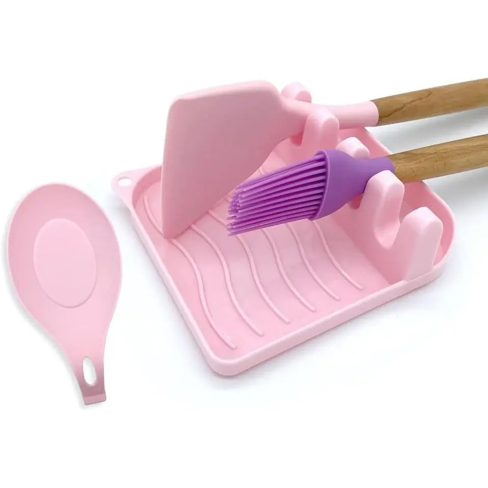 Blush Pink 2-Pack Silicone Tableware Rest Set with Drip Pad - Non-Slip, Heat-Resistant (Up to 446°F) Kitchenware Spoon Holder, Multi-Utensil Holder for Spatula, Ladle, Tongs