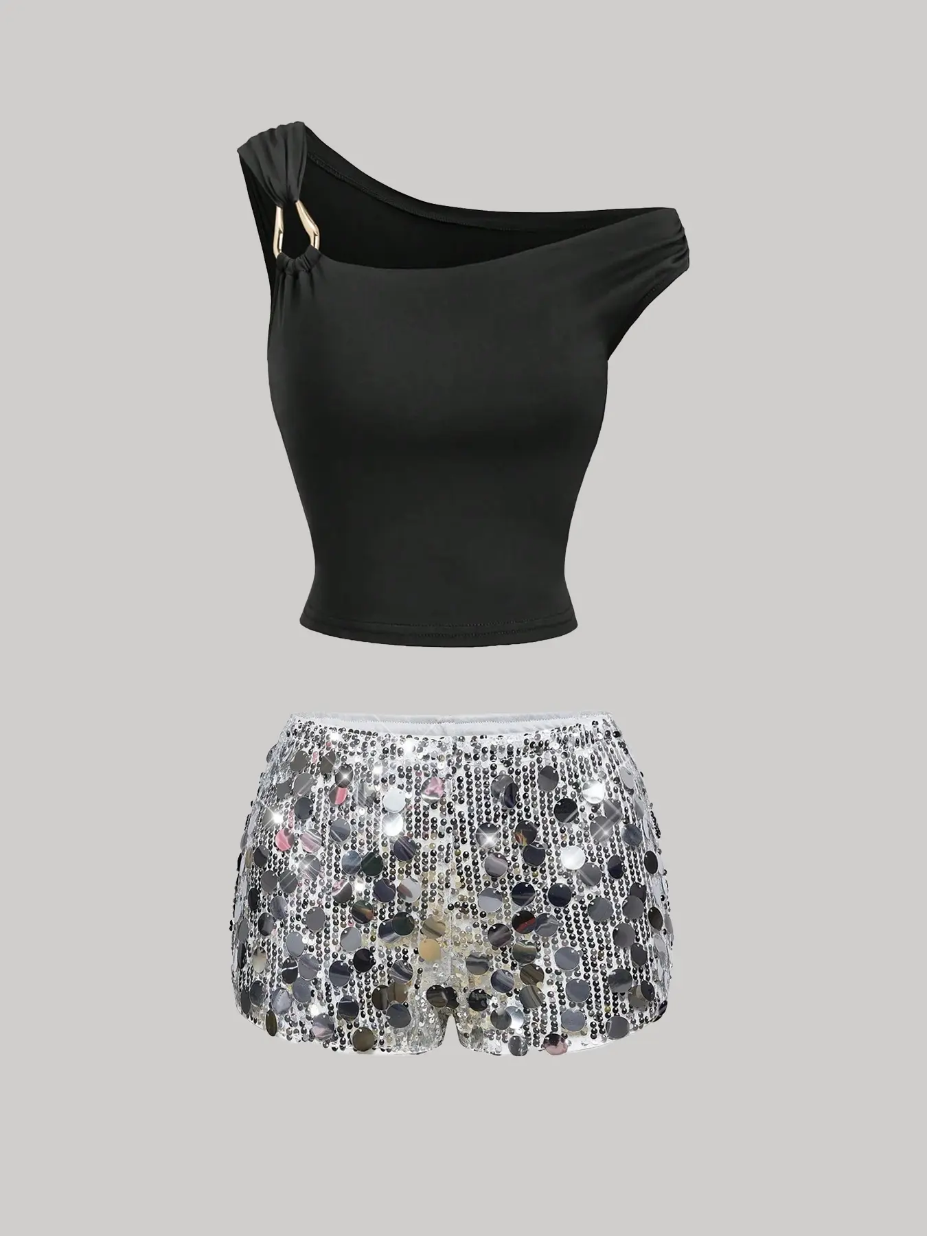Women's Asymmetrical Off-Shoulder Sleeveless Crop Top and Sequin Shorts Set, Sparkly, Chic, Perfect for Parties, Christmas, Music Festivals, Holiday Celebrations
