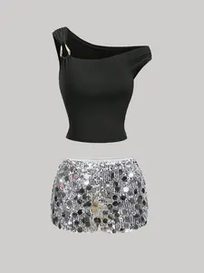 Women's Asymmetrical Off-Shoulder Top and Sequin Shorts Set, Perfect for Parties, Christmas, Music Festivals, Holiday Celebrations
