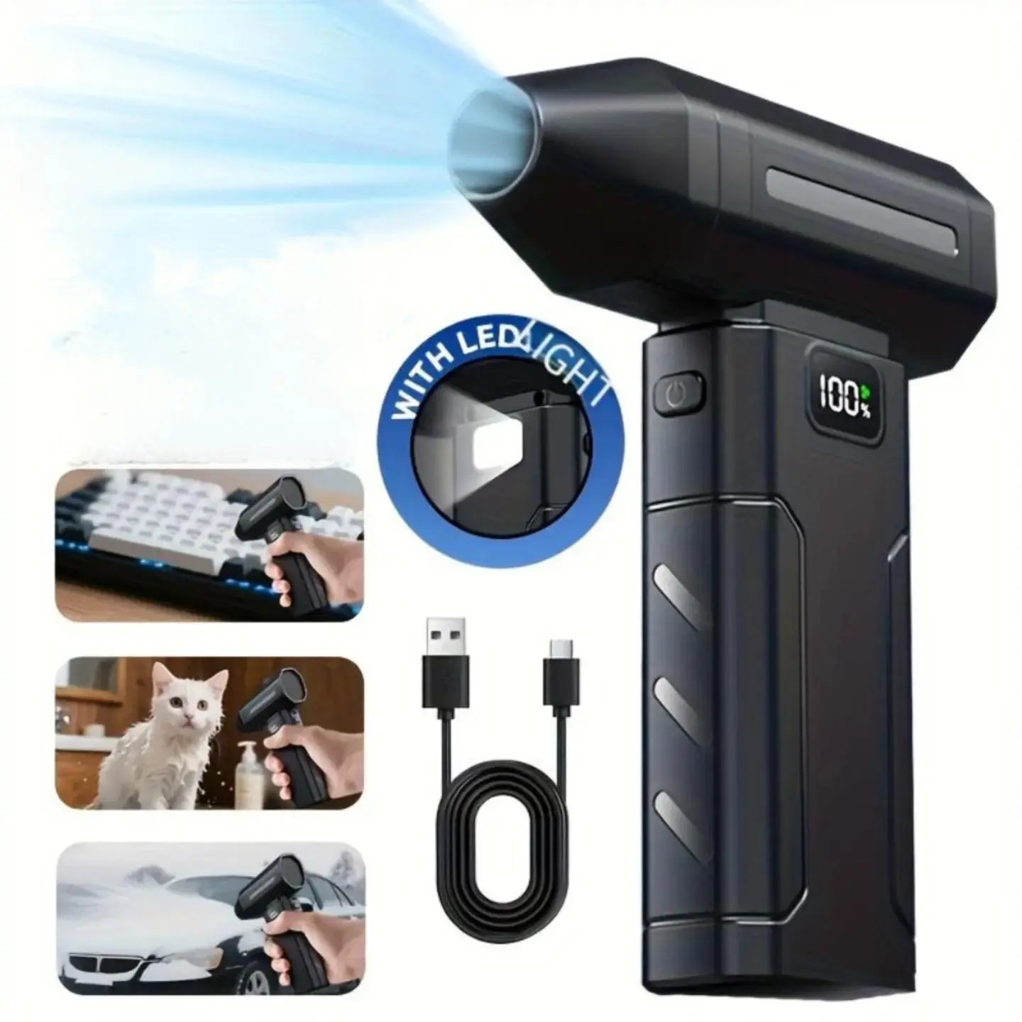 Compressed Air Dust Blower with LED Light 6000mAh Battery 6-Gear Adjustable Handheld Electric Air Cleaner for Computers Keyboards Cars Homes Offices Outdoor Use