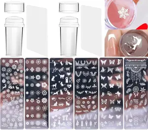 10 Pcs Nail Stamp Template Kit French, Contains 2 Stamper 2 Squeegee 6 Pattern Templates， for DIY Nail Decor Easy French Style Nail Art Designs, Nail Stamper Stencil Plates Set Manicure Nail Supplies