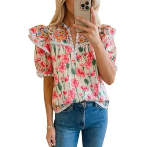 Asvivid Women’s Ruffle Short Sleeve Flower Floral Striped Print Trim V Neck Blouse Summer Tops Womenswear Casual Shirts Bohemian