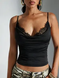 Women's Solid Color Lace Trim V-Neck Slim Cami Top, Summer Casual Sexy Sleeveless Blouse for Daily Wear, Perfect for Parties and Holidays