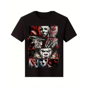 Men'S  Cotton Horror Icon Graphic T-Shirt - Black Short Sleeve Casual Street Trend T-Shirt All Season Comfort Fit Breathable Crew Neck T-Shirt For Horror Fans, Comfortable To WearUnisex T-shirts M-5XLSunset Valley Store1