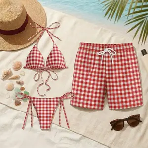Matching Couple Red Gingham Swimwear Set - Unisex Moisture-Wicking His-and-Hers Swimsuits, Red-White Checkered Bikini and Swim Trunks, Honeymoon Beachwear