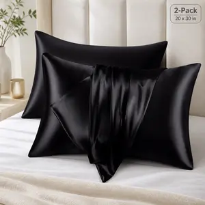 2-Pack Black Satin Queen-Size Pillowcases (20x30 in), Cooling Smooth Envelope Closure Pillow Covers for Hair & Skin Care