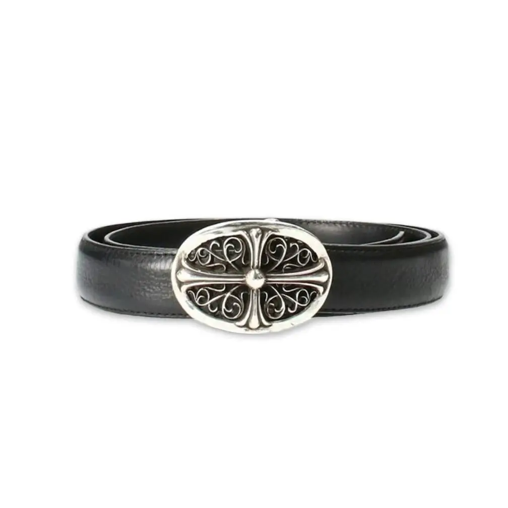 1187068 Chrome Hearts Silver Oval Cross Buckle & Belt Strap Black