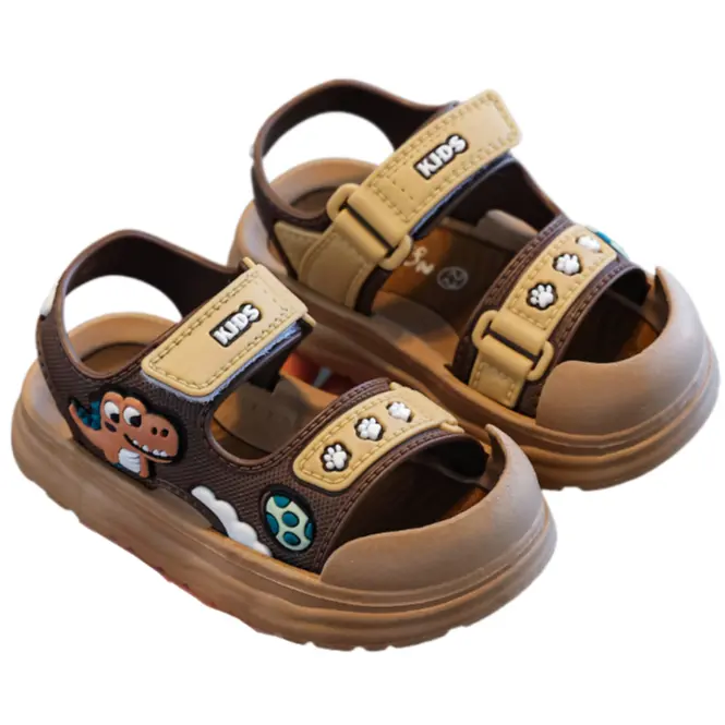 Toddler Boys' Cartoon Dinosaur Closed-Toe PVC Sandals - Round Toe, Soft Anti-Kick Sole, Synthetic, Flat Heel (1cm Or Less), for 3-4 Years US 3.5 Toddler Summer Casual Play & Beach Use