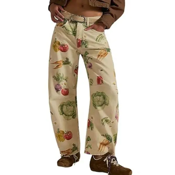 Loveimgs Women's Casual Printed Y2K Mid-Rise Barrel-Leg Cropped Wide-Leg Denim Jeans