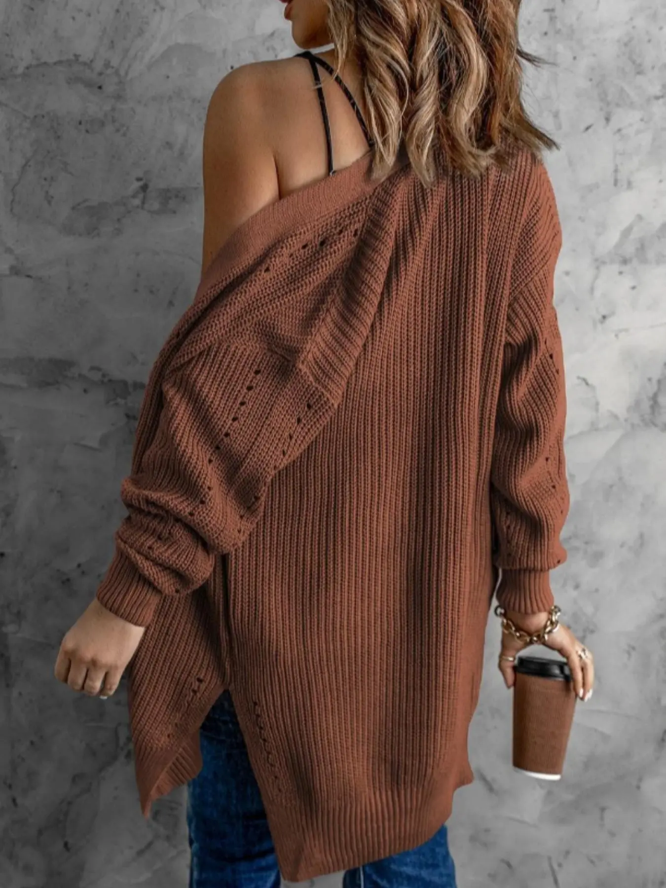 Casual Caramel Color Lace Knitted Cardigan, Loose Long Sleeve Outerwear Sweater, Fall Winter Daily Leisure Fashion