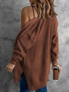 Casual Caramel Color Lace Knit Cardigan, Loose Long Sleeve Outerwear Sweater, Fall Winter Daily Leisure Fashion